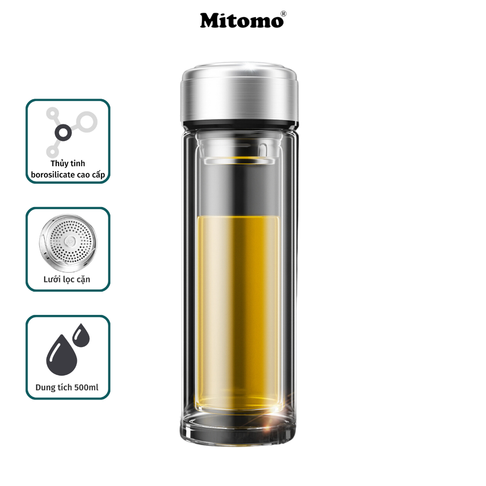Bình giữ nhiệt thủy tinh 2 lớp chắc chắn, bình thủy tinh pha trà Mitomo BGH - 0505 500ml - Hàng chính hãng
