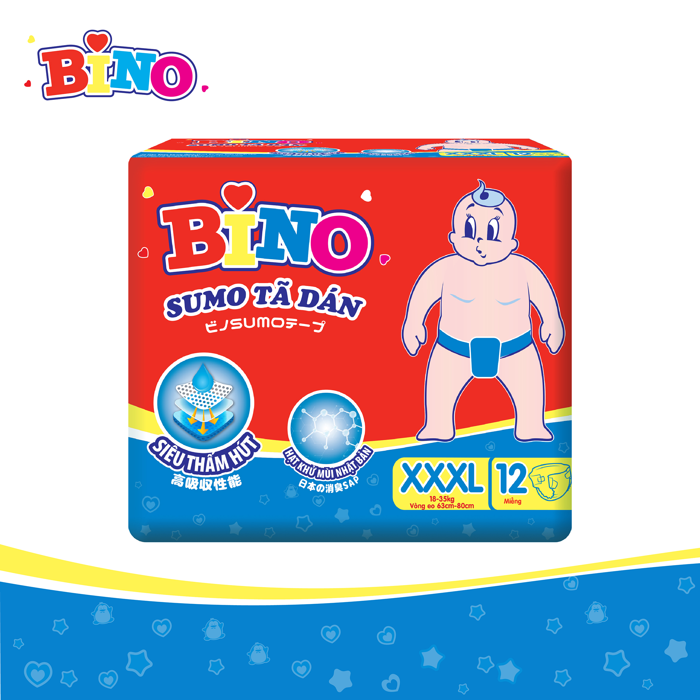 Tã dán Bino Sumo size XXXL12 công nghệ Nhật Bản lõi siêu thấm hút