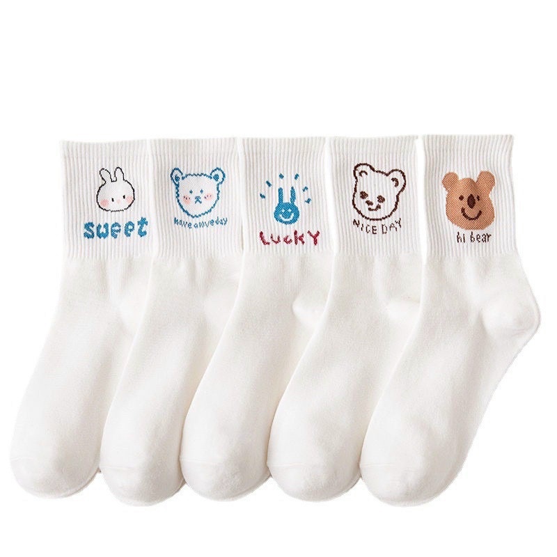 Set 5 Đôi Tất Nữ Cổ Cao Họa Tiết Dễ Thương, Chất Liệu Cotton Cao Cấp Mềm Mại, Thoáng Khí