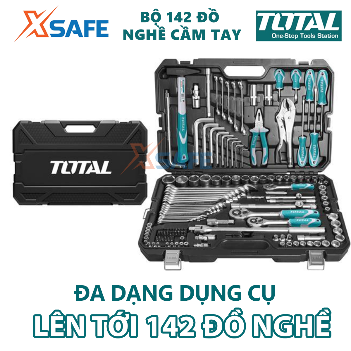 Bộ đồ nghề cầm tay 142 chi tiết TOTAL THKTHP21426 gồm 142 dụng cụ cầm tay thước cuộn, tua vít, khung cưa, kìm, cờ lê,...
