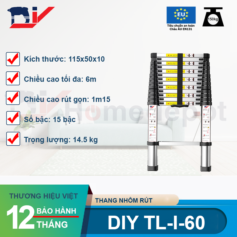 Thang nhôm rút đơn DIY TL-I-60 chiều cao sử dụng tối đa 6.0M