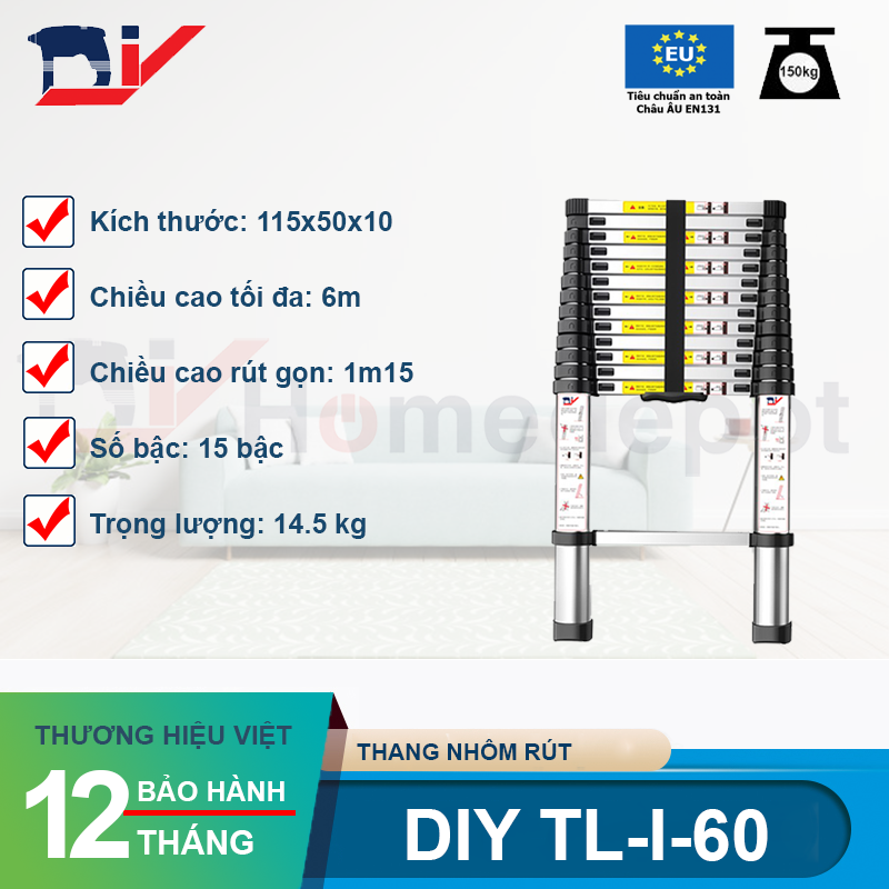  Thang nhôm rút đơn DIY TL-I-60 chiều cao sử dụng tối đa 6.0M