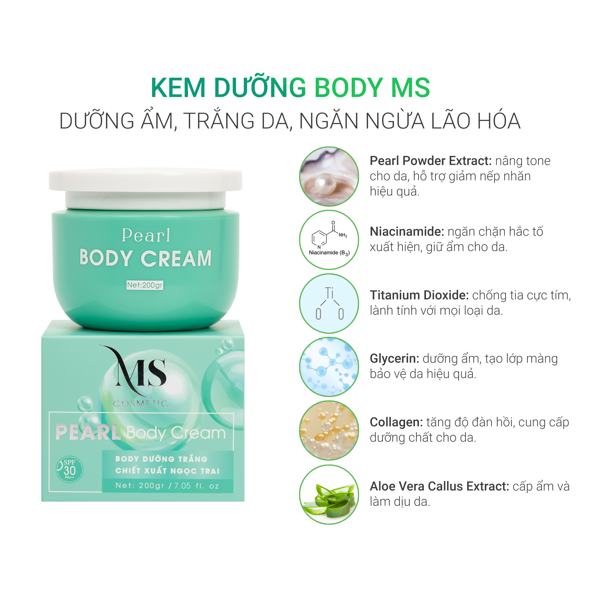 [MUA 5 ĐƯỢC 6] Mua 5 Hộp Kem Dưỡng Body MS Pearl Body Cream 200g Dưỡng Body Trắng Da Ngăn Ngừa Lão Hoá (Tặng 1 Tẩy Tế Bào Chết MS 100ml) - MỸ PHẨM MS COSMETIC