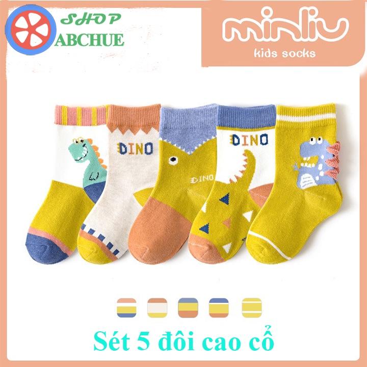 Tất Vớ Trẻ Em Minliu Hình khủng long Cho Bé Từ 1 – 12 Tuổi Chất Cotton Set 5 Đôi