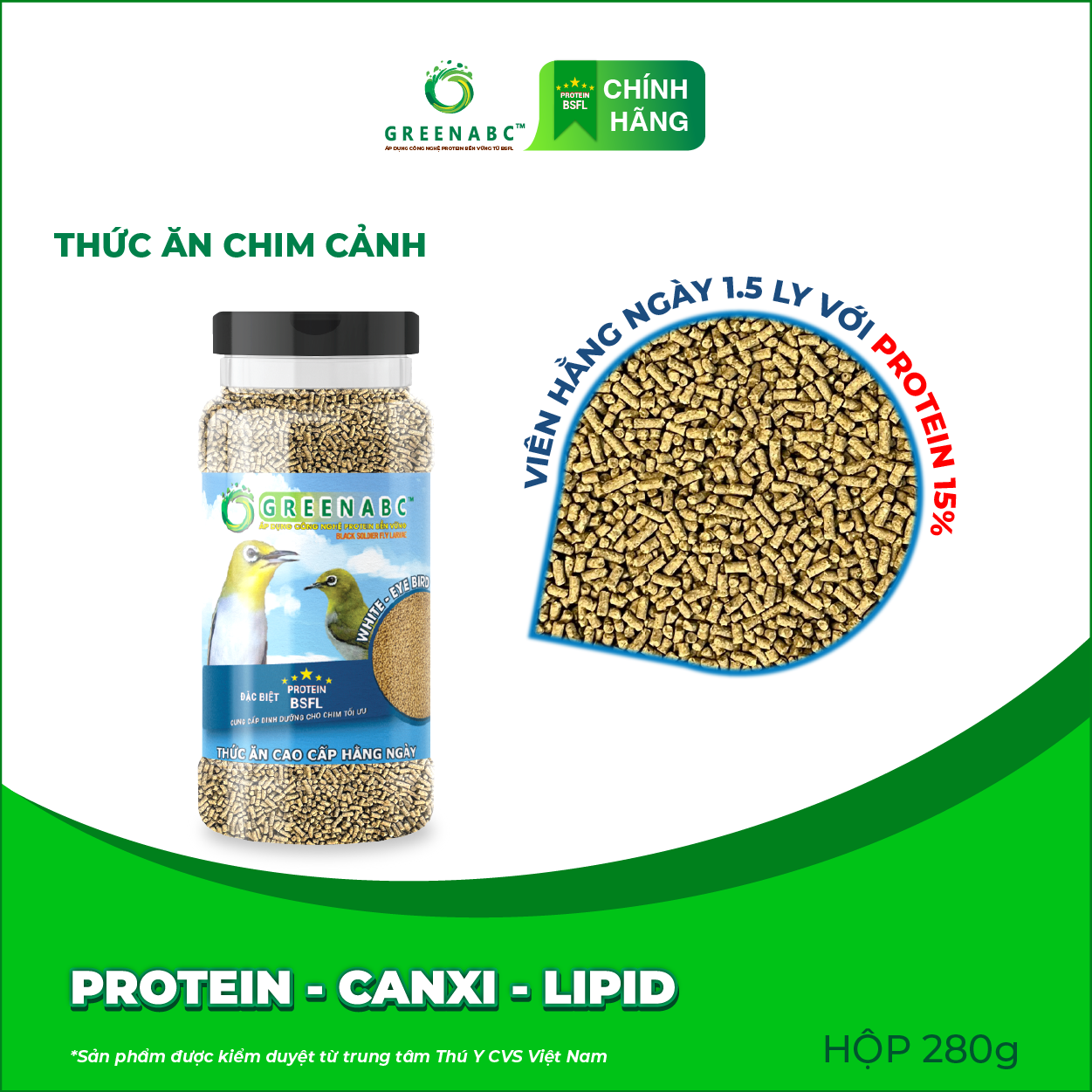 Cám Chim Vành Khuyên GREENABC – Chim dưỡng dùng loại hằng ngày, cho chim phong độ líu bền dùng bổ sung – Hộp 280g