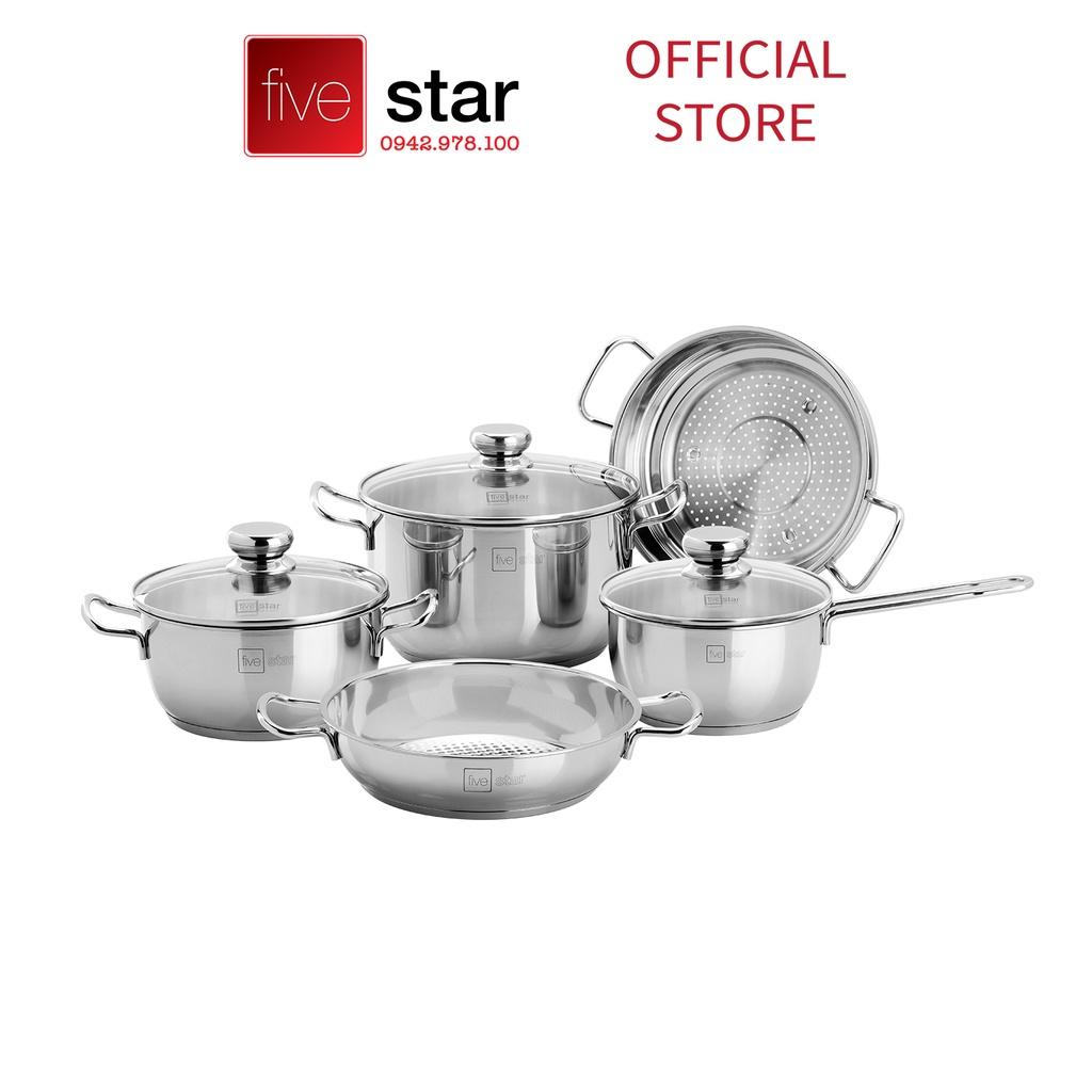 Bộ nồi xửng quánh chảo inox 430 cao cấp FIVESTAR 5 chiếc 3 đáy bếp từ nắp kính ( tặng1 vá canh )