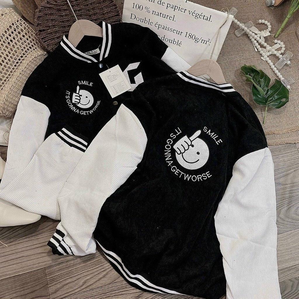 Áo Khoác Bomber Jackets Nhung Gân Tăm Thêu G-SMILE Jacket Varsity  Unisex Form Rộng Ulzzang NUPAKACHI