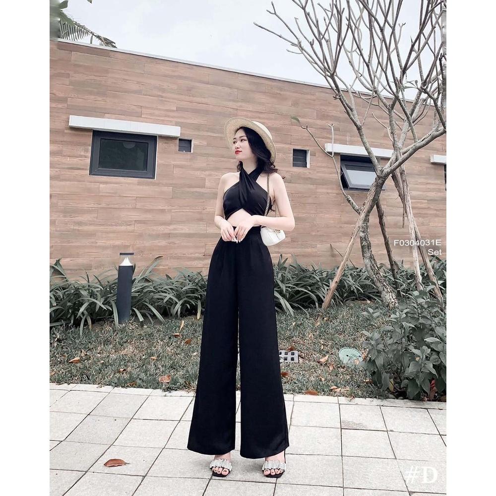 Set lụa áo croptop ngực đắp chéo cổ yếm phối quần suông