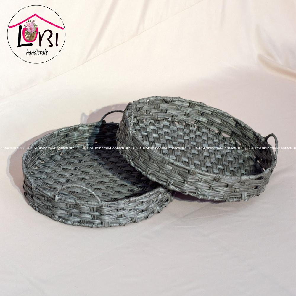 Lubihandicraft - Khay tròn đựng đồ đan dây nhựa xám quai cầm bán nguyệt - xinh xắn