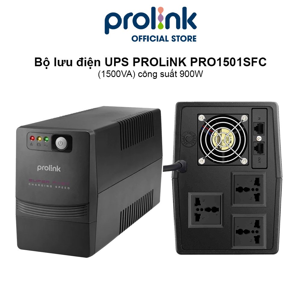 Bộ lưu điện UPS PROLiNK PRO1501SFCU (1500VA) công suất 900W, tích hợp bộ AVR, sạc siêu nhanh, dùng cho PC, Camera, Wifi - Hàng chính hãng