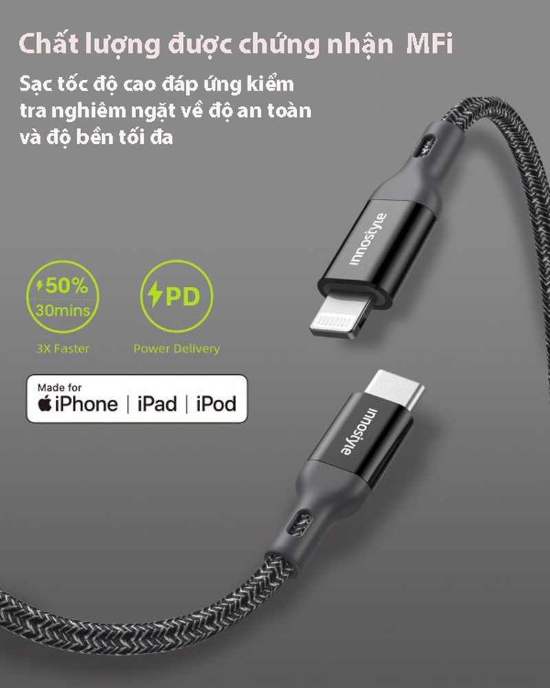 Cáp Innostyle dành cho iPhone 14/13/12 Powerflex USB-C MFI 1.5M 20/30/60W ICL150AL- Hàng chính hãng