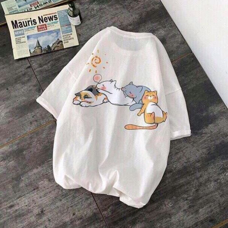 Áo thun tay lỡ cotton 4 mèo nằm [ áo thun tay lỡ unisex nam nữ đều mặc được