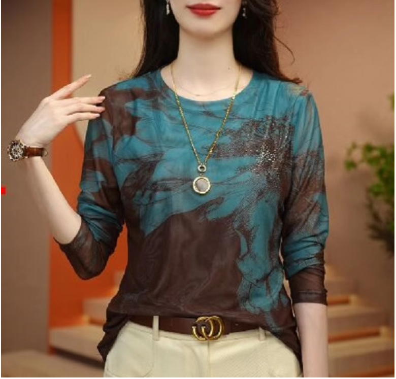 Áo Thun Lưới In Hình Dài Tay Cổ Tròn Dành Cho Nữ SM105 - Hàng Quảng Châu Cao Cấp