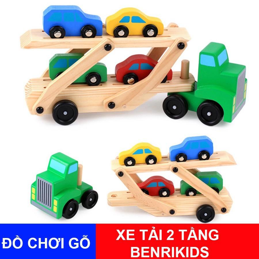 Đồ Chơi Gỗ,Xe Vận Tải 2 Tầng Chở 4 Chiếc Xe Con Co Duỗi Tháo Lắp Cho Bé Trai