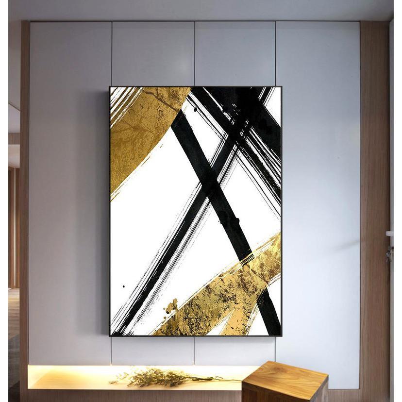 Tranh Canvas Cao Cấp Tranh trừu tượng Black and gold Brushstroke, harsh slashing large wall art, Scandinavian Art