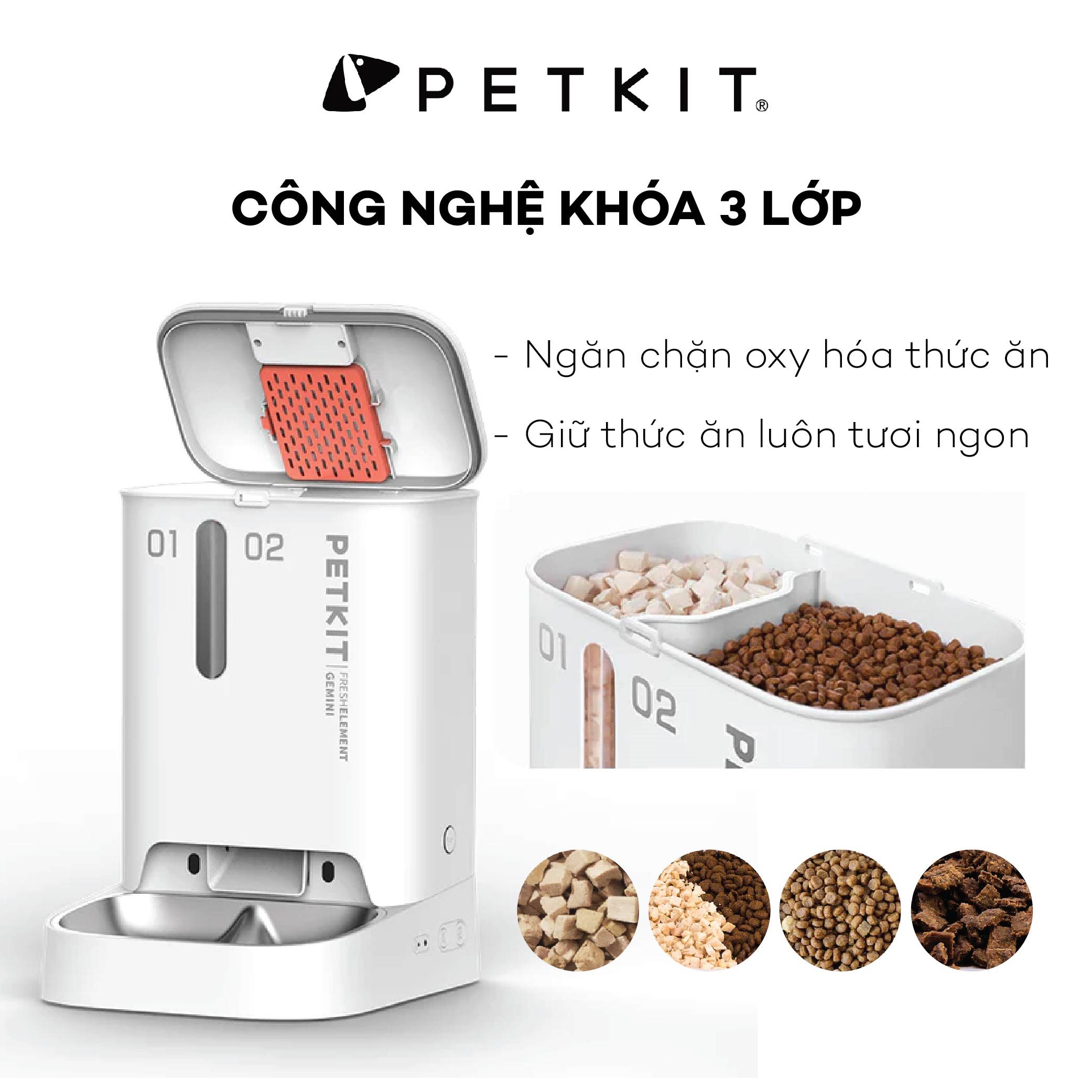 Máy Cho Chó Mèo Ăn Tự Động Petkit Gemini Kết Nối Wifi, Hai Ngăn, Dung Tích 5 Lít