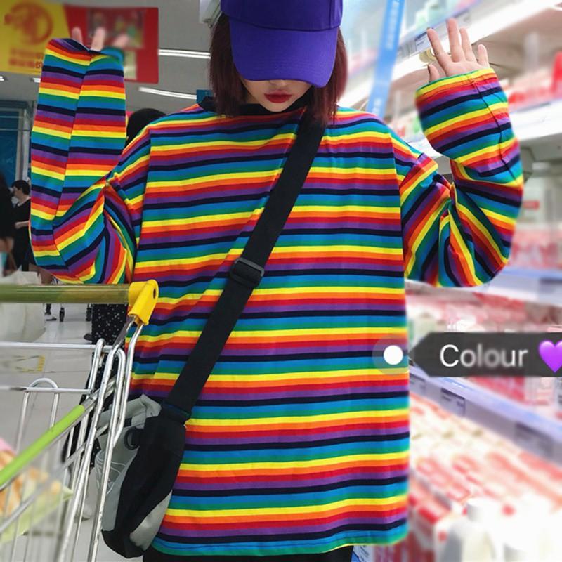 Áo thun tay dài cổ tròn hoạ tiết kẻ sọc thiết kế dáng rộng thoải mái