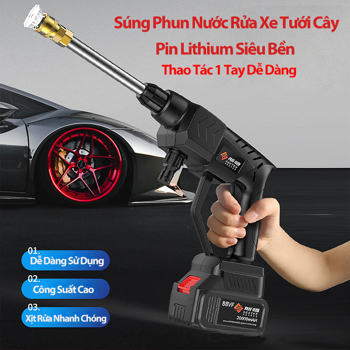 [Kèm Vali Full Phụ Kiện] Vòi Xịt Rửa Xe Áp Lực Cao Dùng PIN SẠC Lithium 199V 45000 mAh Tặng Thêm 1 Pin Dự Phòng Kèm Dây Dài 5m - Máy Rửa Xe Cao Áp Mini Gia Đình Bảo Hành 12 Tháng