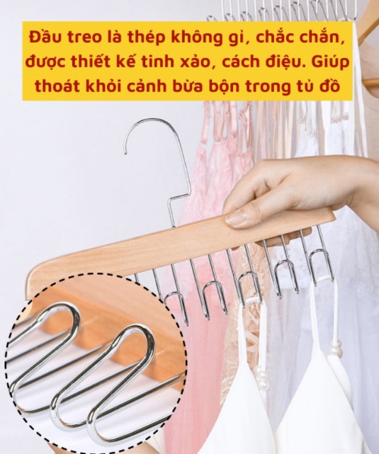 Móc Treo Đồ 8 Móc Inox, Thân Bằng Gỗ - Gọn Nhà Gọn Tủ