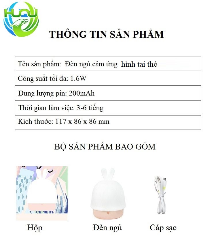 Đèn Ngủ Cảm Ứng Hình Tai Thỏ Huqu Dễ Dàng Điều Chỉnh Độ Sáng ,Dùng  Pin Sạc -3 Chế Độ Ánh Sáng Khác Nhau -Hàng Chính Hãng