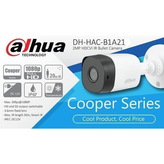 Camera Dahua HDCVI DH-HAC-B1A21P  2.0 megapixel, kết nối analog, vỏ nhựa. chống nước IP67- Hàng chính hãng bảo hành 24 tháng