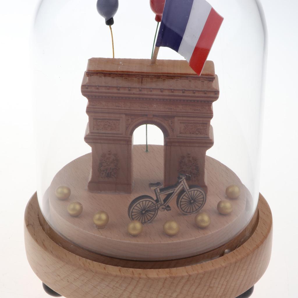 Wooden Luminous Rotating Music Box w/ Glass Dome Home Decor Ornament Gift - Triumphal Arch