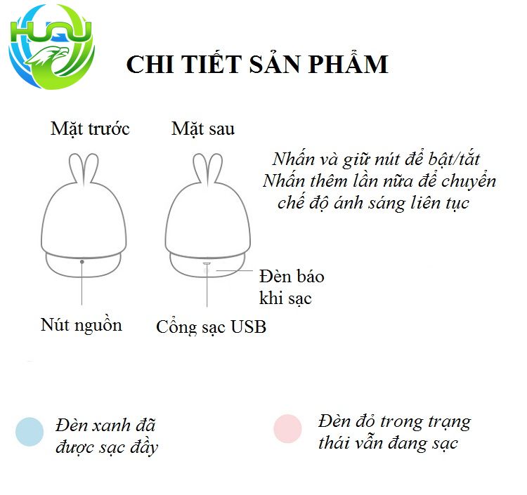 Đèn Ngủ Cảm Ứng Hình Tai Thỏ Huqu Dễ Dàng Điều Chỉnh Độ Sáng ,Dùng  Pin Sạc -3 Chế Độ Ánh Sáng Khác Nhau -Hàng Chính Hãng