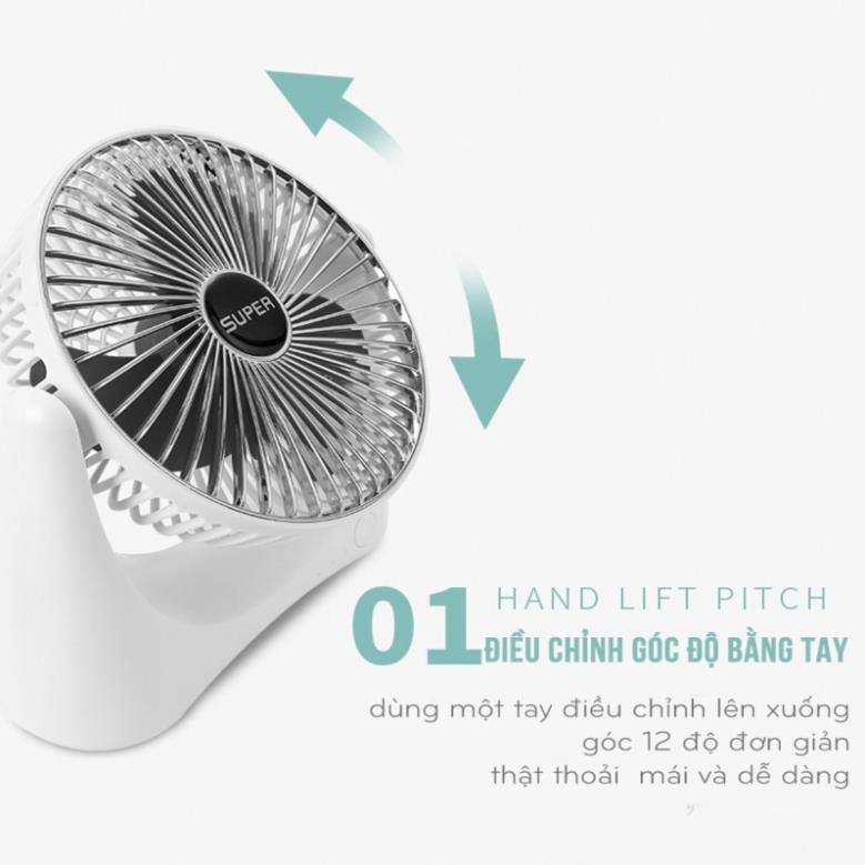 Quạt Mini Để Bàn Sạc Pin Tích Điện Super Fan, Quạt Để Bàn 3 Chế Độ Gió, Tích Hợp Chế Độ Gập Thông Minh, Bảo Hành 12 Thán