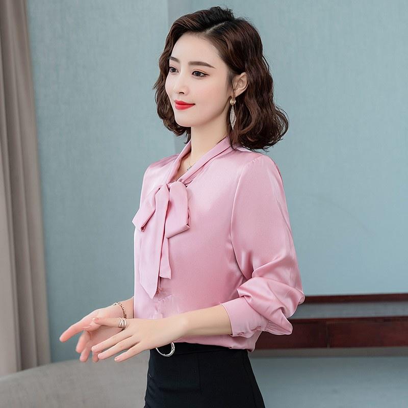 Áo Sơ Mi Kiểu Công Sở Đẹp CHIPY Tay Dài Cổ Thắt Nơ Màu Hồng Chất Lụa Cao Cấp From Rộng Hàn Quốc Ulzzang Vintage A1H