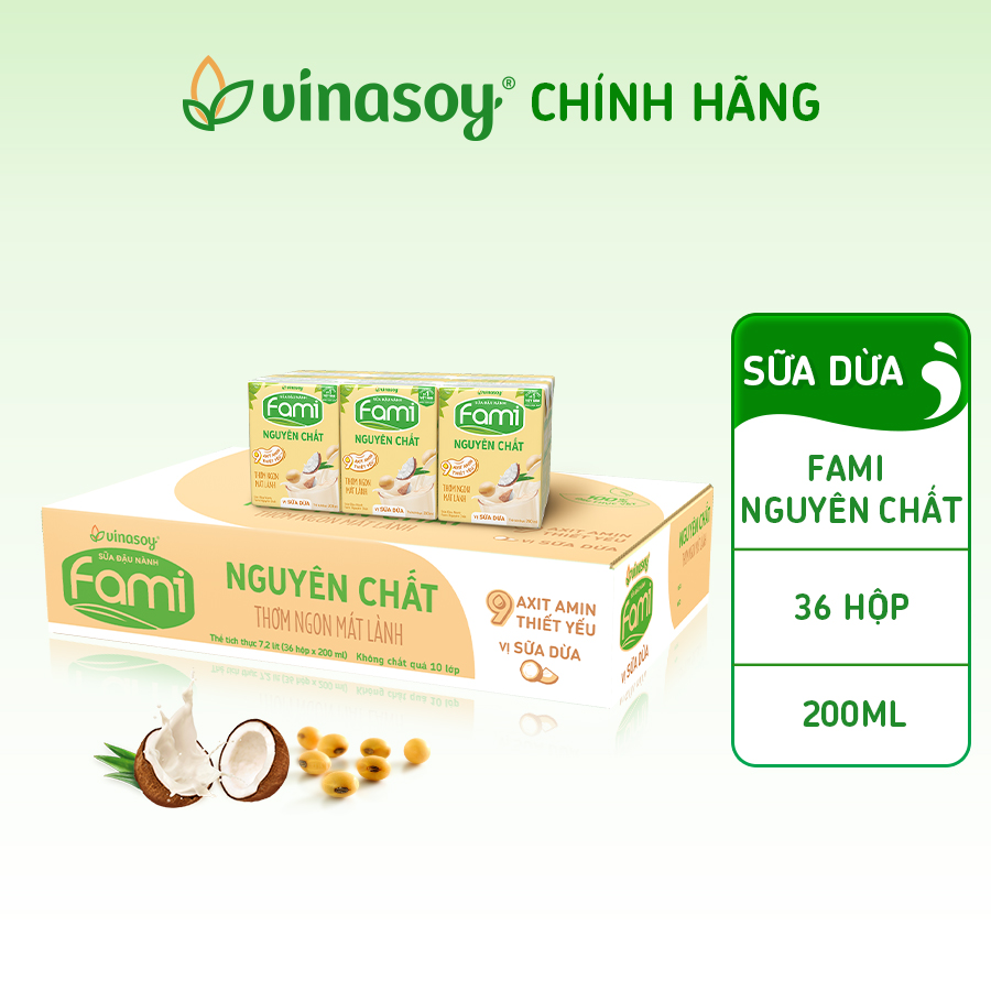 Thùng Sữa Đậu Nành Fami Nguyên Chất Vị Sữa Dừa (200ml x 36 Hộp)