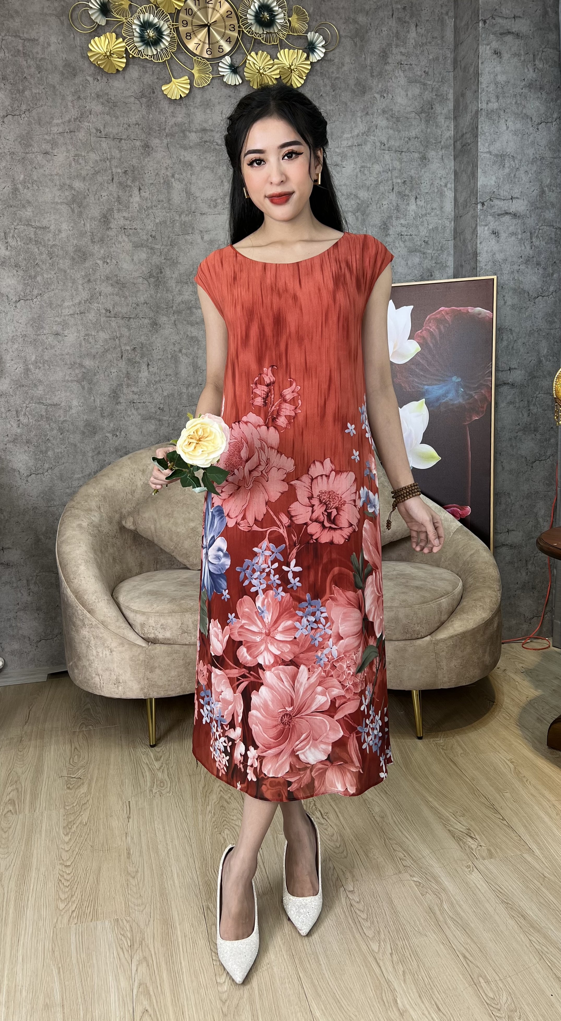 Đầm Trung Niên Sang Trọng [ Linh Trà ] (TM 612) Cao Cấp Vải Voan Hàn Thoải Mái Quý Phái Dễ Mặc Bigsize Trang Nhã