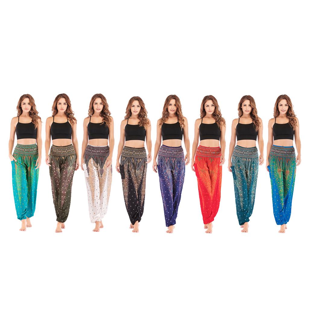 Women Fashion Colorful Peacock Shaped Casual Loose High Waist Long Yoga Pants with Pockets