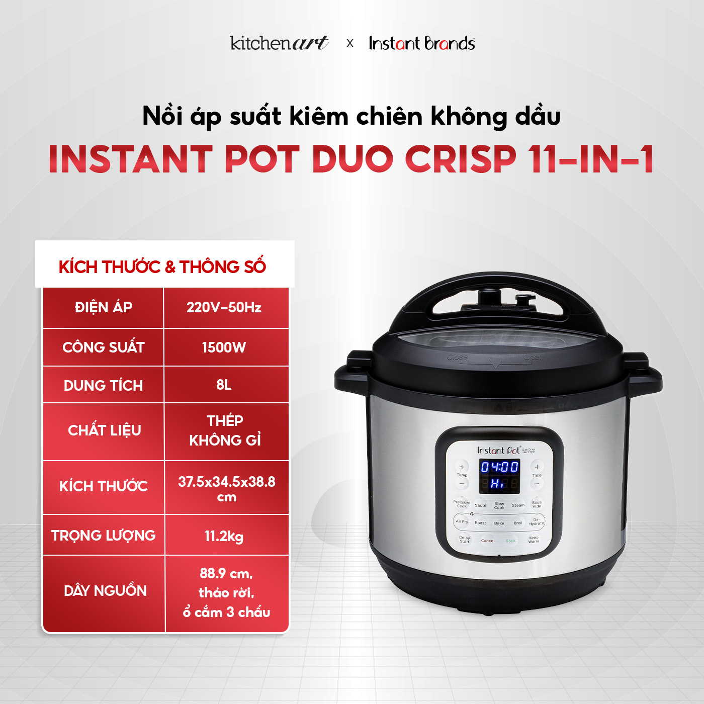 Nồi Áp Suất Điện Đa Năng Kết Hợp Nồi Chiên Không Dầu INSTANT POT DUO CRISP 11-IN-1 Dung Tích 8L - Hàng Chính Hãng