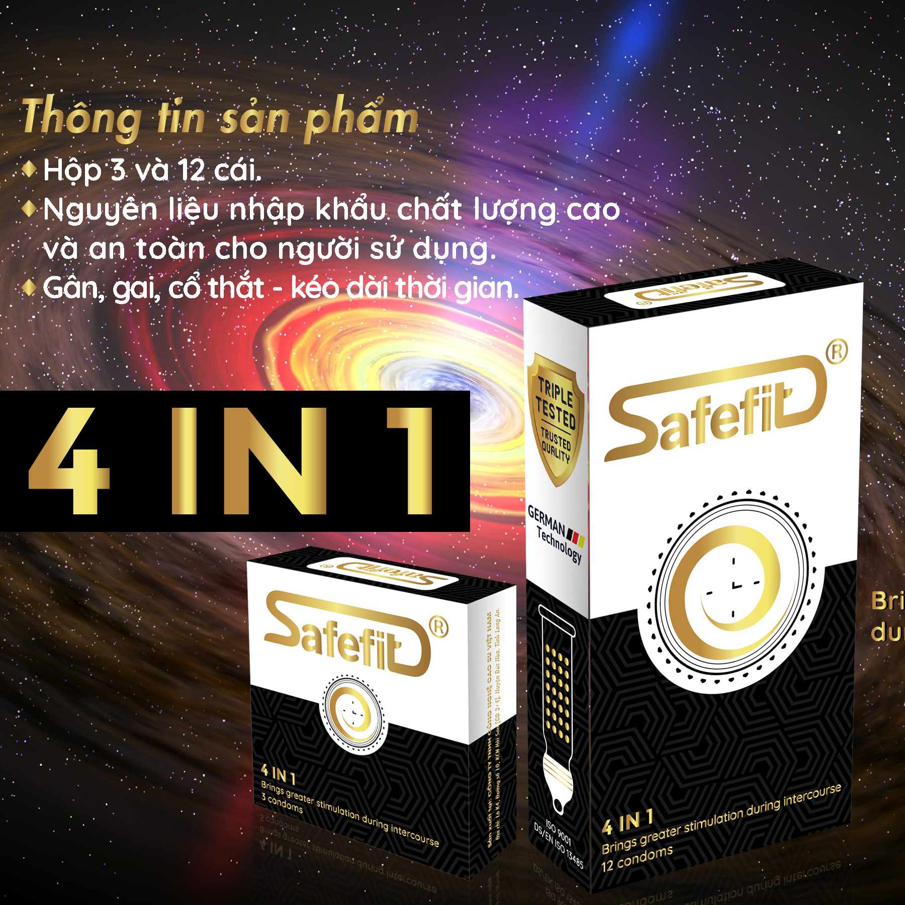 Bộ 3 Bao cao su Safefit gai kéo dài thời gian 4in1 - hộp 3 chiếc