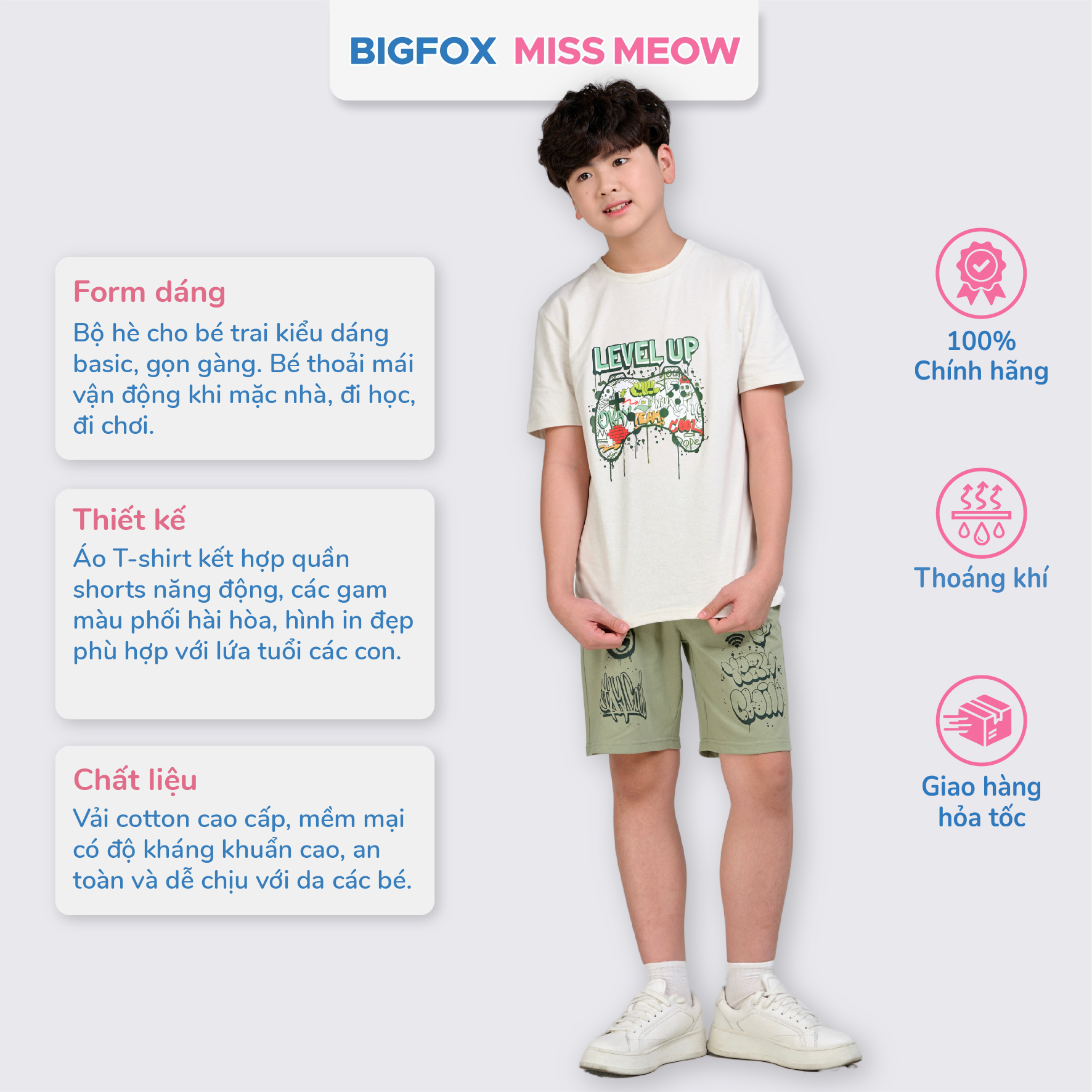 Bộ cotton bé trai size đại Bigfox Miss Meow mùa hè cộc tay in đẹp 12,13,14,15 tuổi 40kg 50kg
