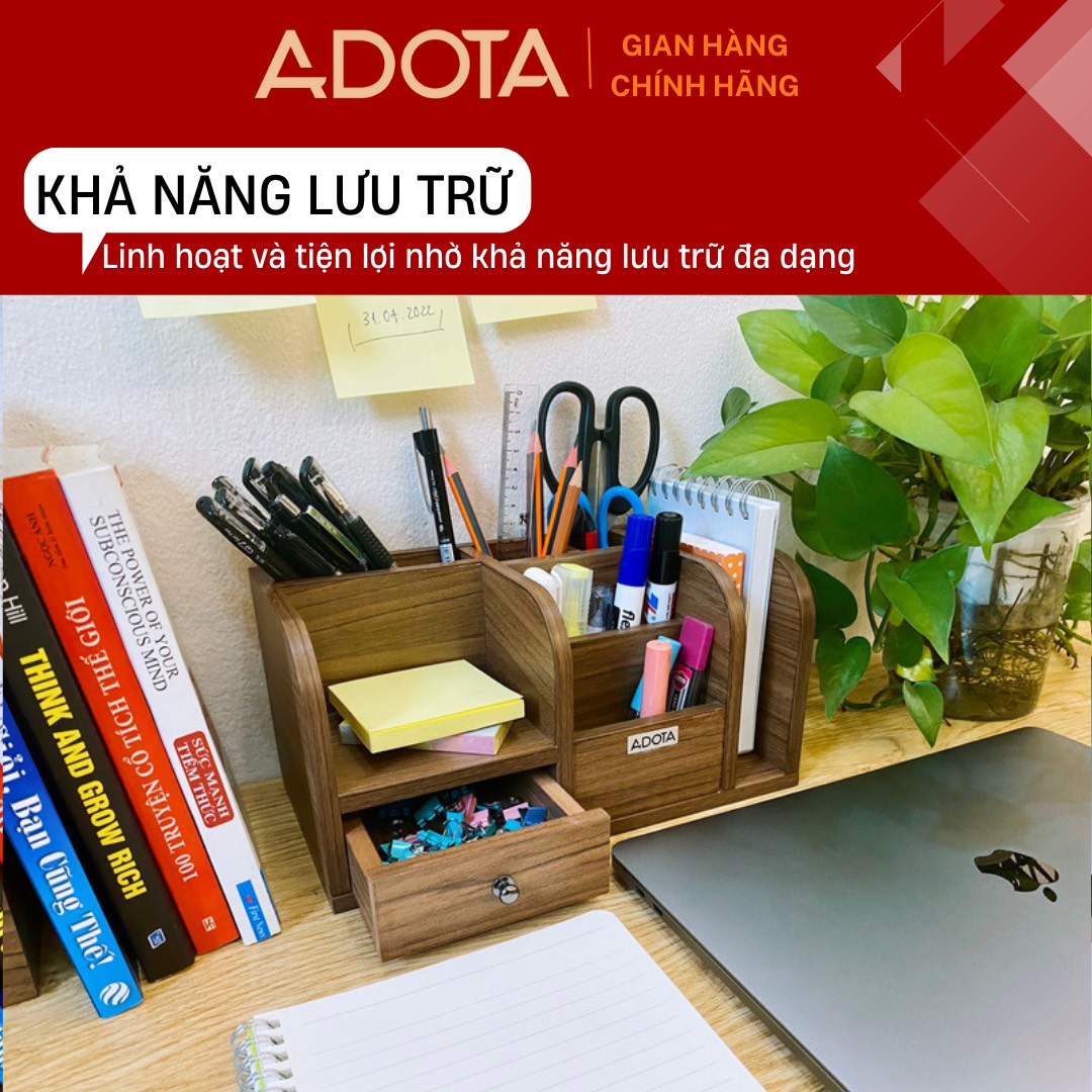 Combo kệ gỗ để bàn và hộp cắm bút ba ngăn bằng gỗ để bàn làm việc cao cấp phong cách sang trọng ADOTA