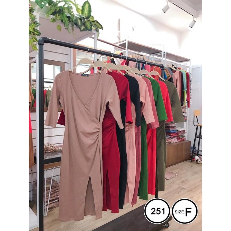 F251 ĐẦM ÔM BODY CỔ TIM ĐẮP CHÉO XẺ TÀ, NHÚNG EO
