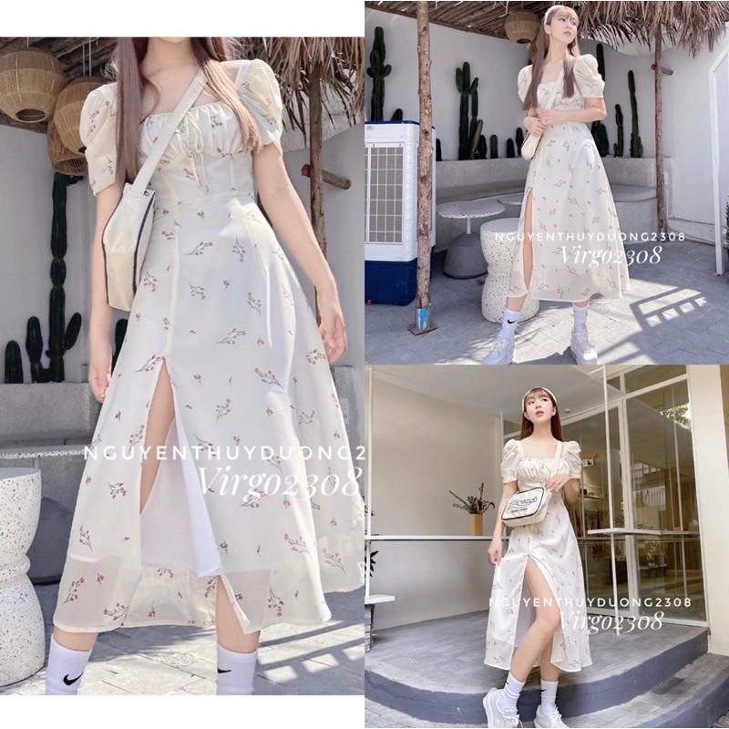 Váy hoa nhúm ngực xẻ tà tay bồng/Đầm hoa Wedding dress