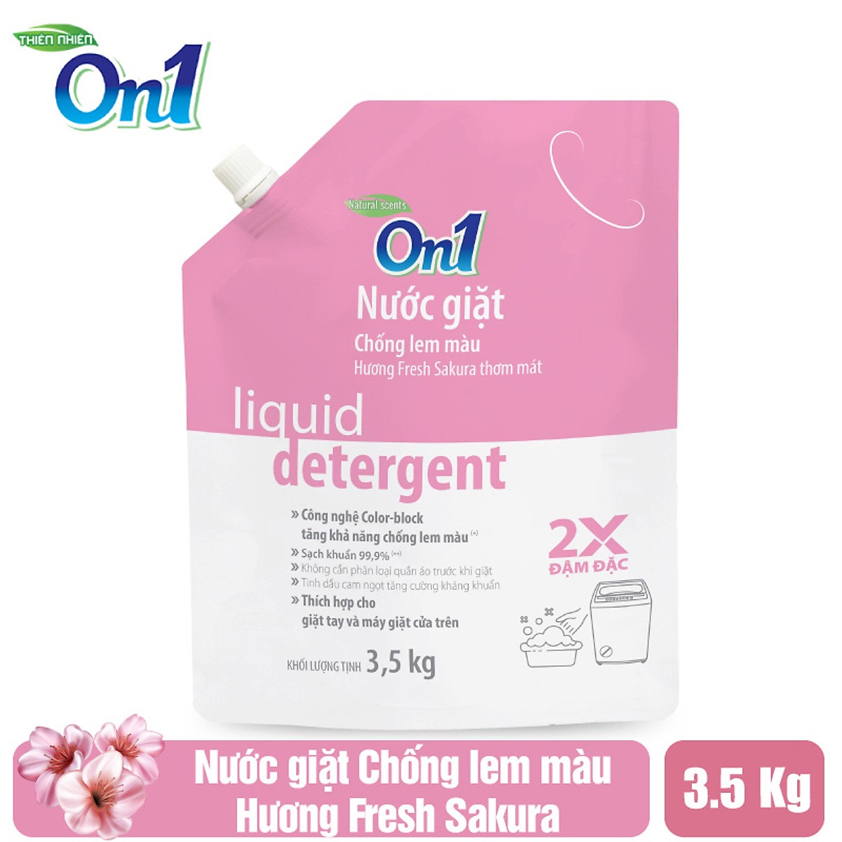 Túi nước giặt xả On1 chống lem màu hương Fresh Sakura 3.5Kg N6403 - Sạch khuẩn, khử mùi, kết hợp giặt xả 2 trong 1- Sản phẩm của công ty CP Bột Giặt Lix