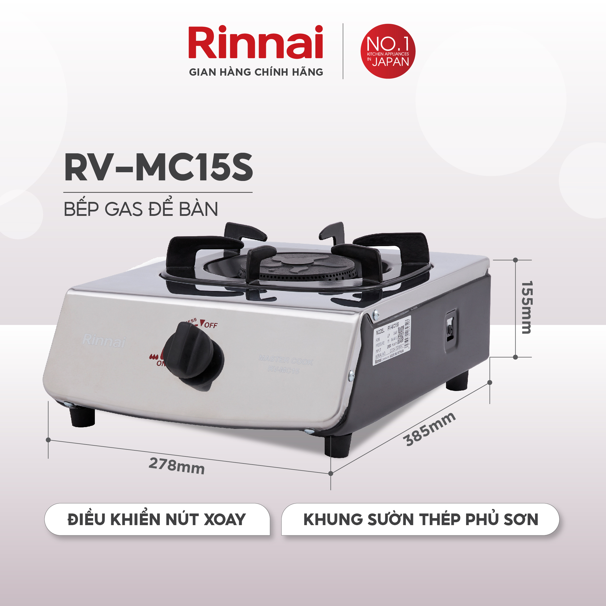 Bếp gas dương Rinnai RV-MC15S mặt bếp inox và kiềng bếp men - Hàng chính hãng.