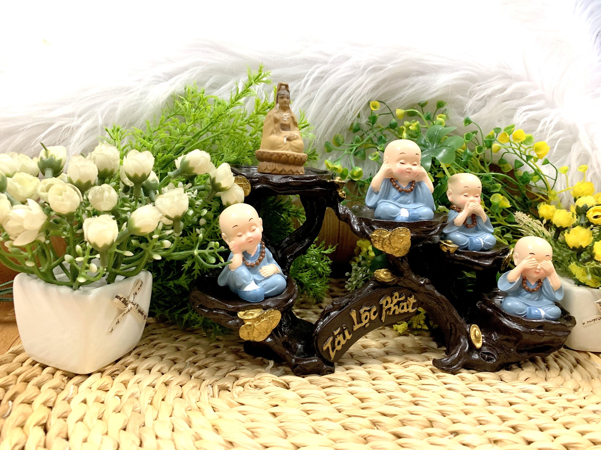 Full Set Quan Âm Bồ Tát và các Chú Tiểu tọa đế Tài Lộc Phát