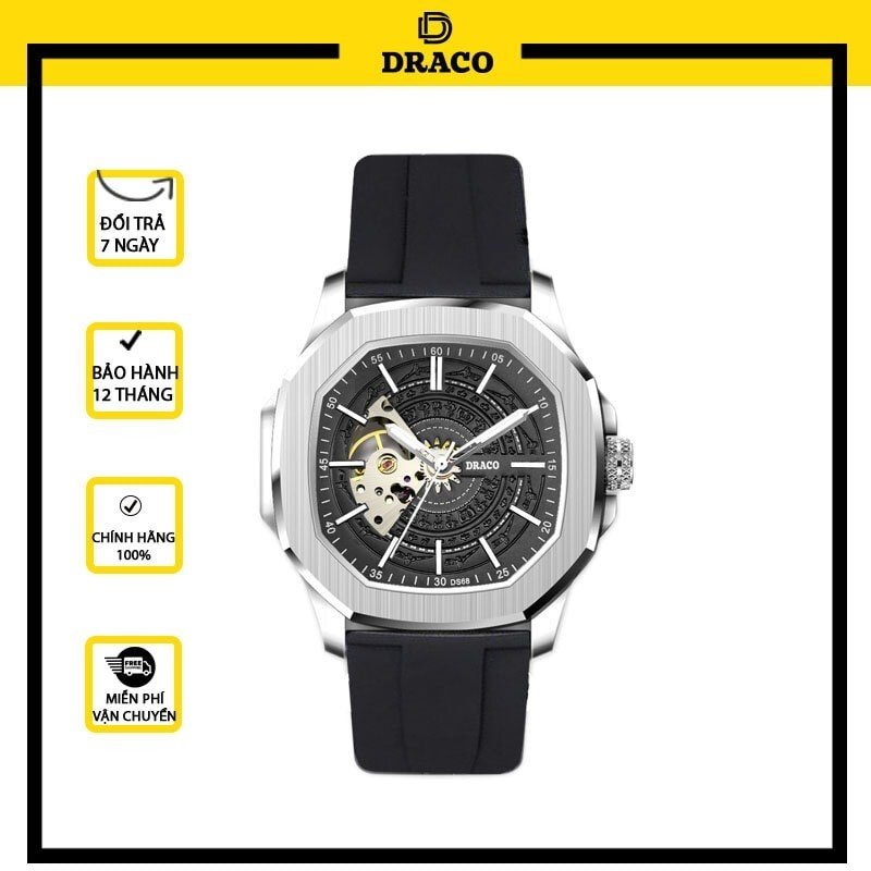 Đồng hồ nam Draco D23-DS68 “DongSon” Automatic trắng đen kết hợp chất liệu dây cao su non cao cấp màu đen-thời trang nam thể thao