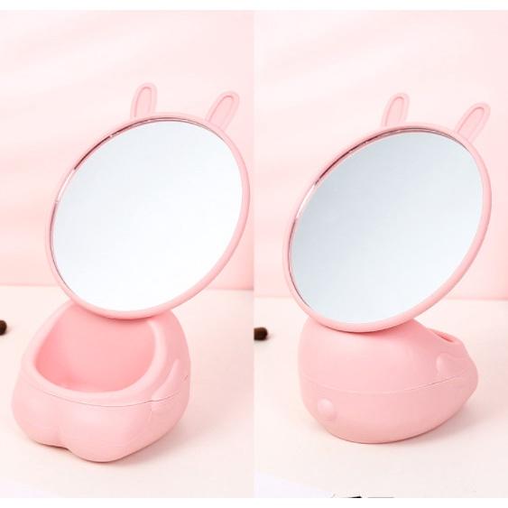 Gương trang điểm tai thỏ có hộc đựng đồ xoay 360 độ dễ thương