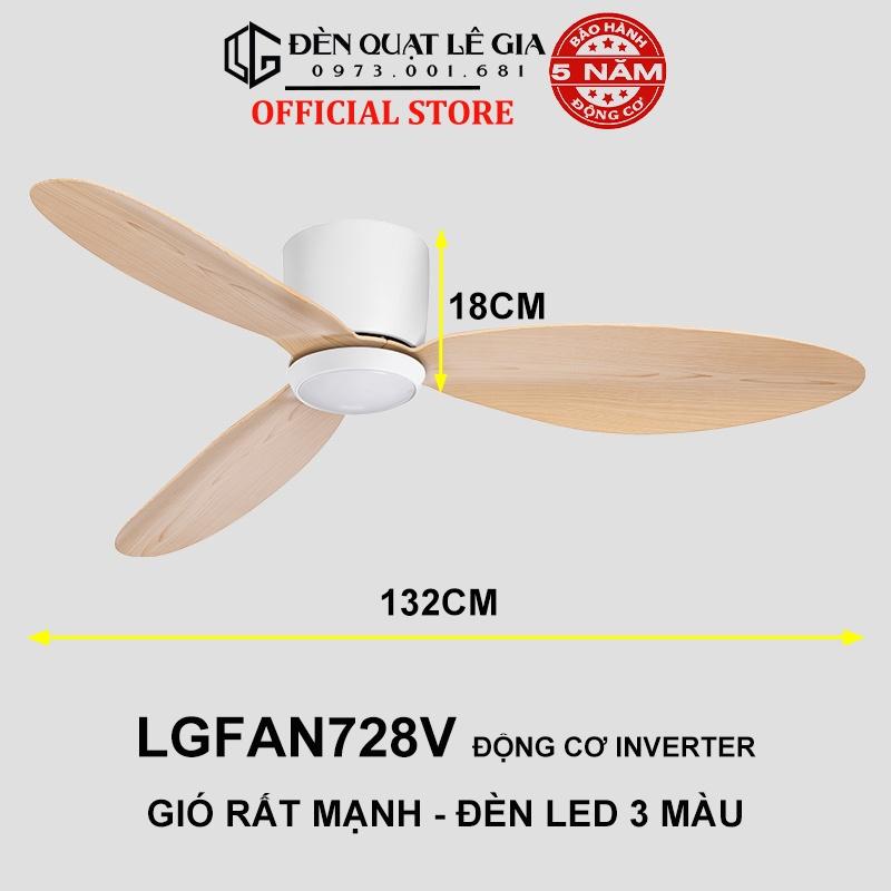 Quạt Trần Đèn Hiện Đại LÊ GIA LGFAN728V - Chiều Cao 18cm - Sải Cánh 132cm - Bảo Hành 5 Năm