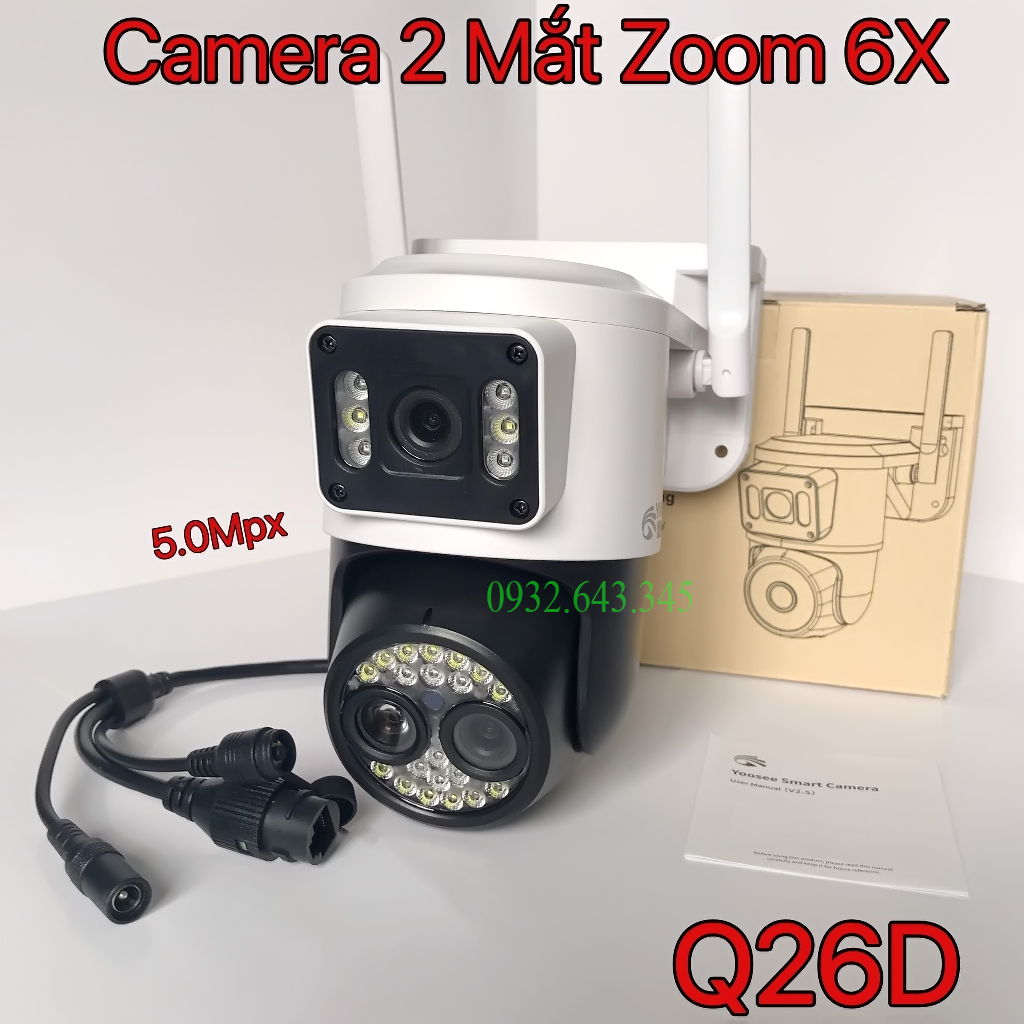 Camera Yoosee 2 Mắt Q26D Phiên bản Phóng To 6X Cực Nét - Camera kép xem cùng lúc trên điện thoại, Đàm thoại 2 Chiều, Ban Đêm Có Màu - Hàng Chính Hãng