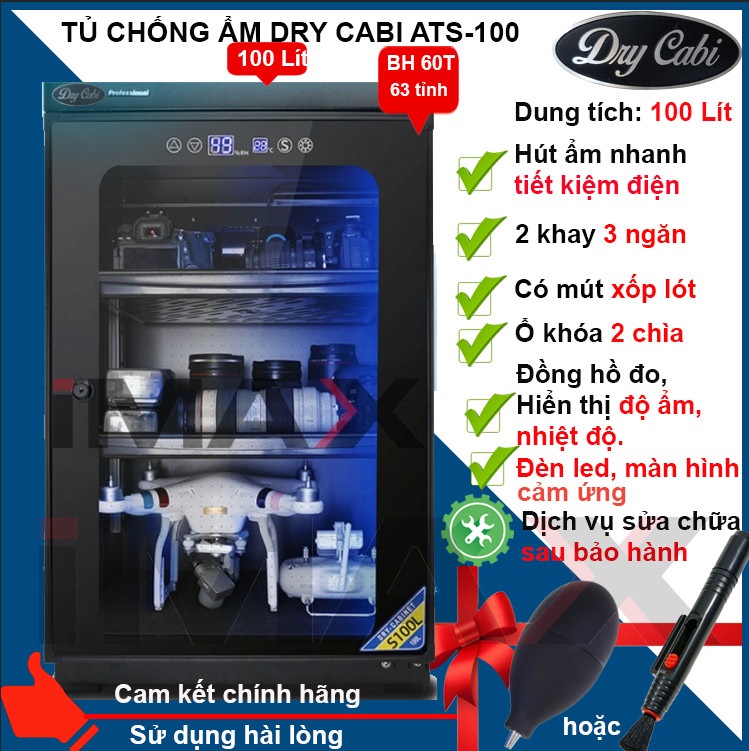 TỦ CHỐNG ẨM DRYCABINET DRY CABI ATS-100, 100 LIT + BÓNG THỔI BỤI - HÀNG CHÍNH HÃNG