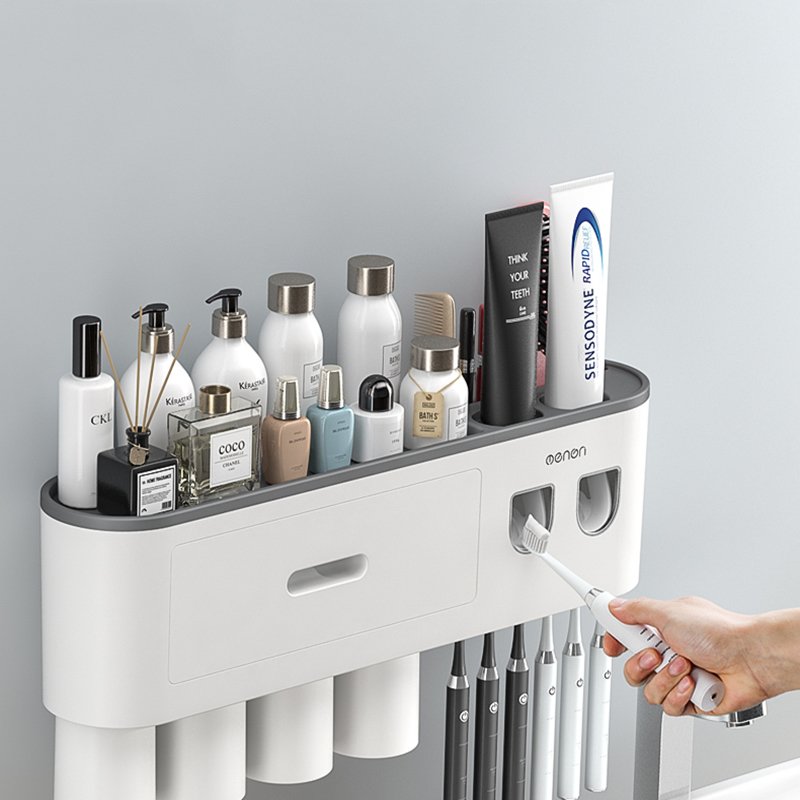 Kệ để bàn chải đánh răng và 2 bộ nhả kem đánh răng OENON kèm cốc hút từ tính