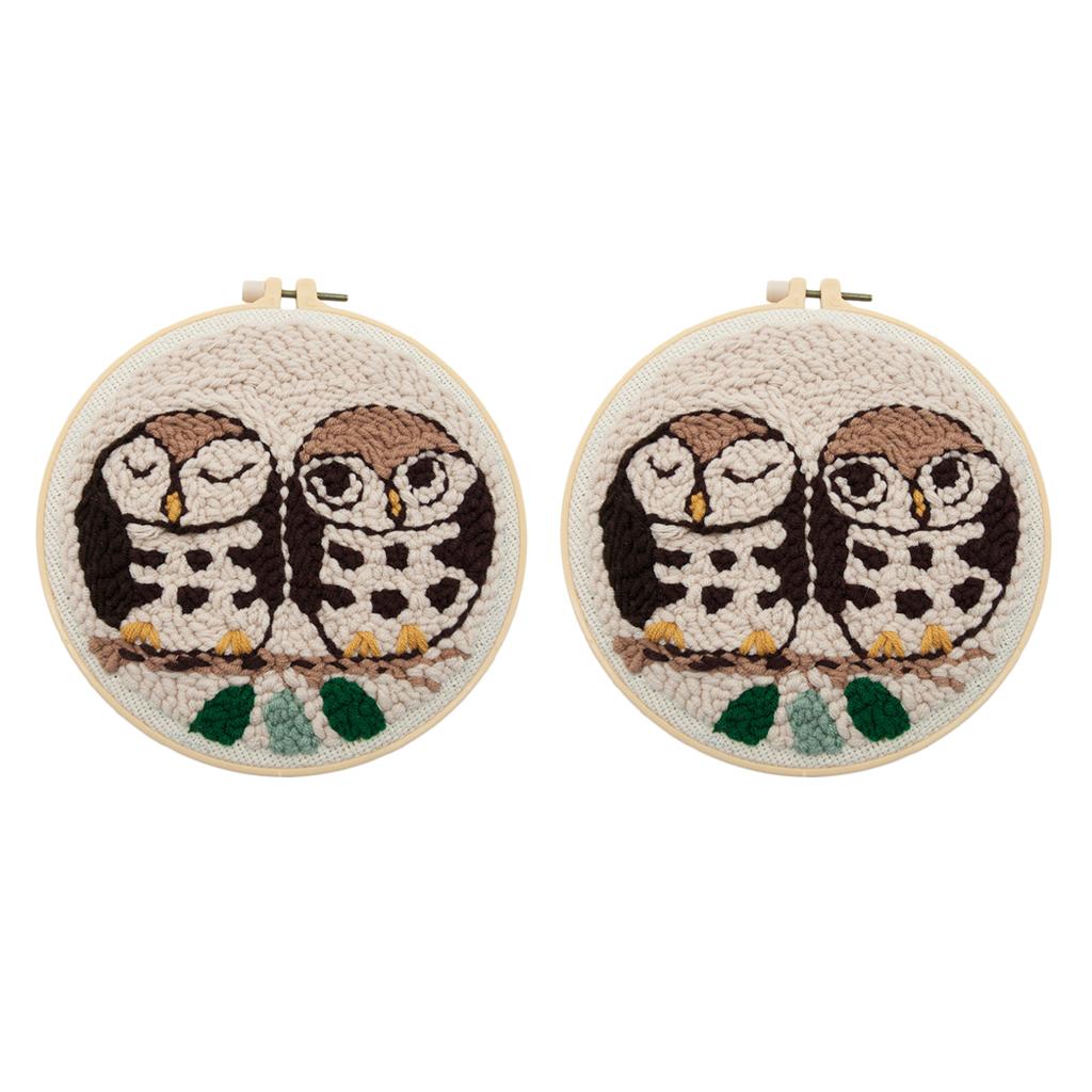 2pcs Cute Animal Owl Punch Needle Kits Hoop Soft Yarn DIY Needlework Set