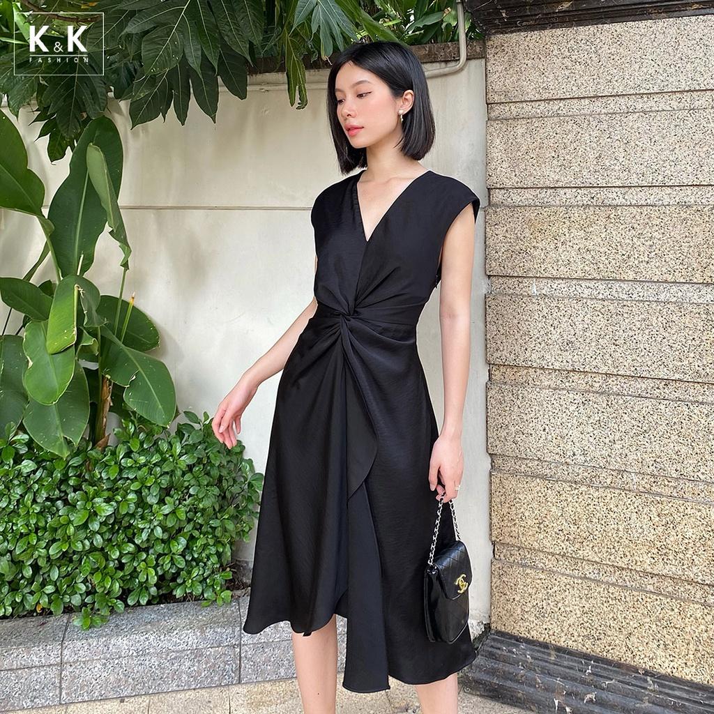 Đầm Midi Đen Dự Tiệc Cổ V Sát Nách Xoắn Eo K&amp;K Fashion KK130-25 Chất Liệu Silk