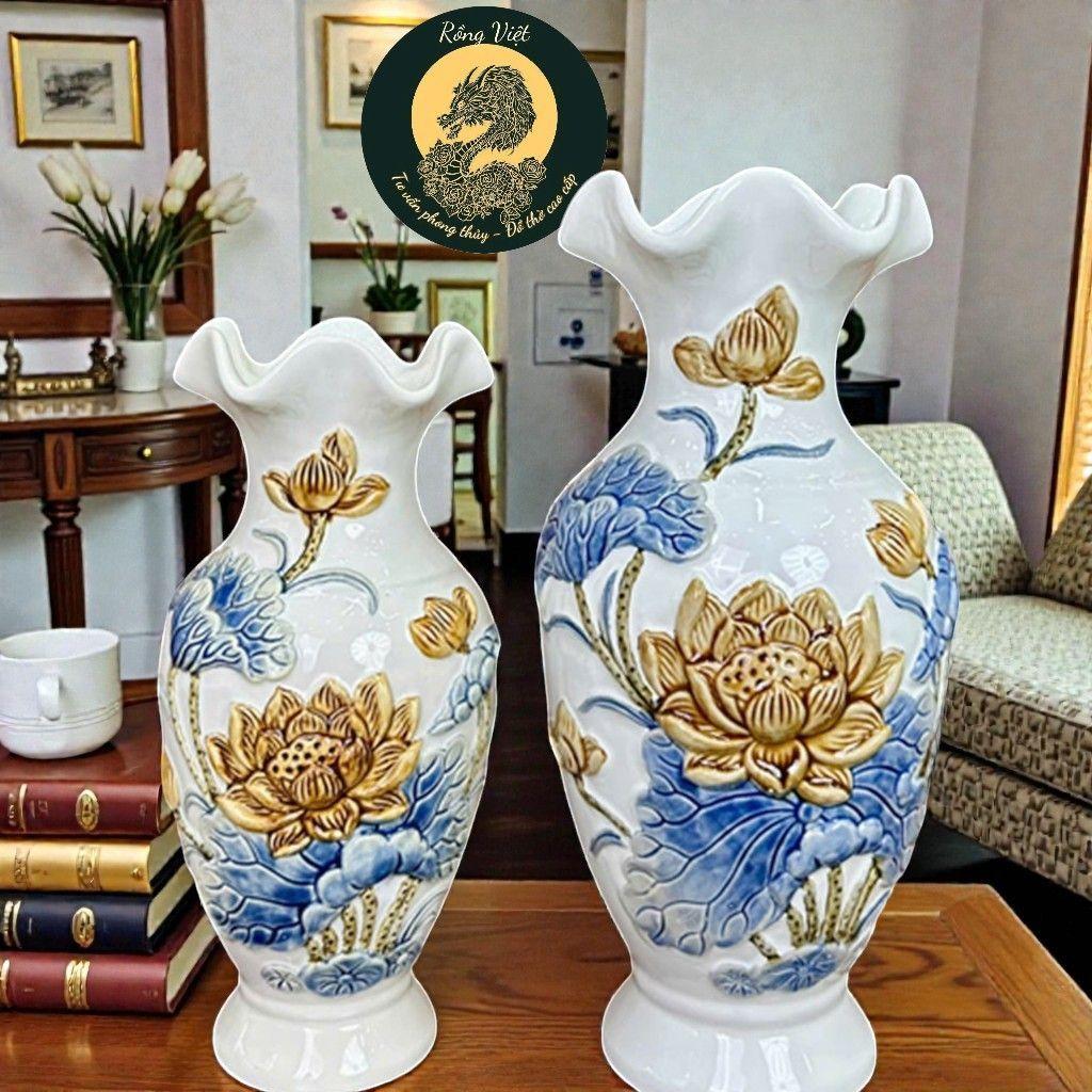 Lọ Lộc Bình Men Trắng Họa Tiết Hoa Sen RỒNG VIỆT - Bình Cắm Hoa Gốm đắp nổi Bát Tràng Thờ Cúng
